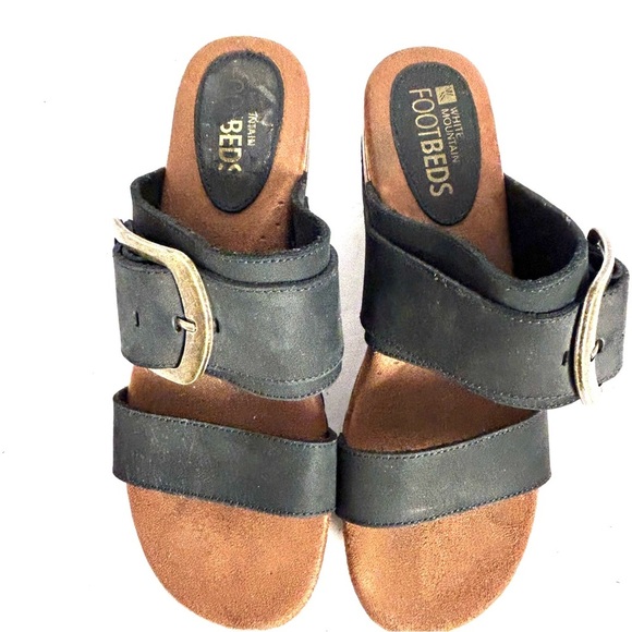 White Mountain Footbeds Slip On Platform Wedge Heel Sandals Black Leather Size 8 - Picture 5 of 12